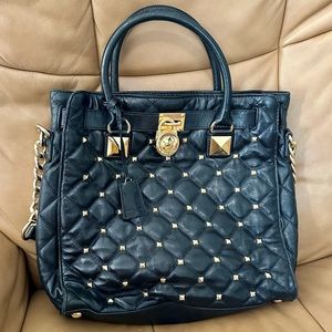 Michael Kors Large Black Leather & Gold Studded Bag Purse Travel Hamilton Chain